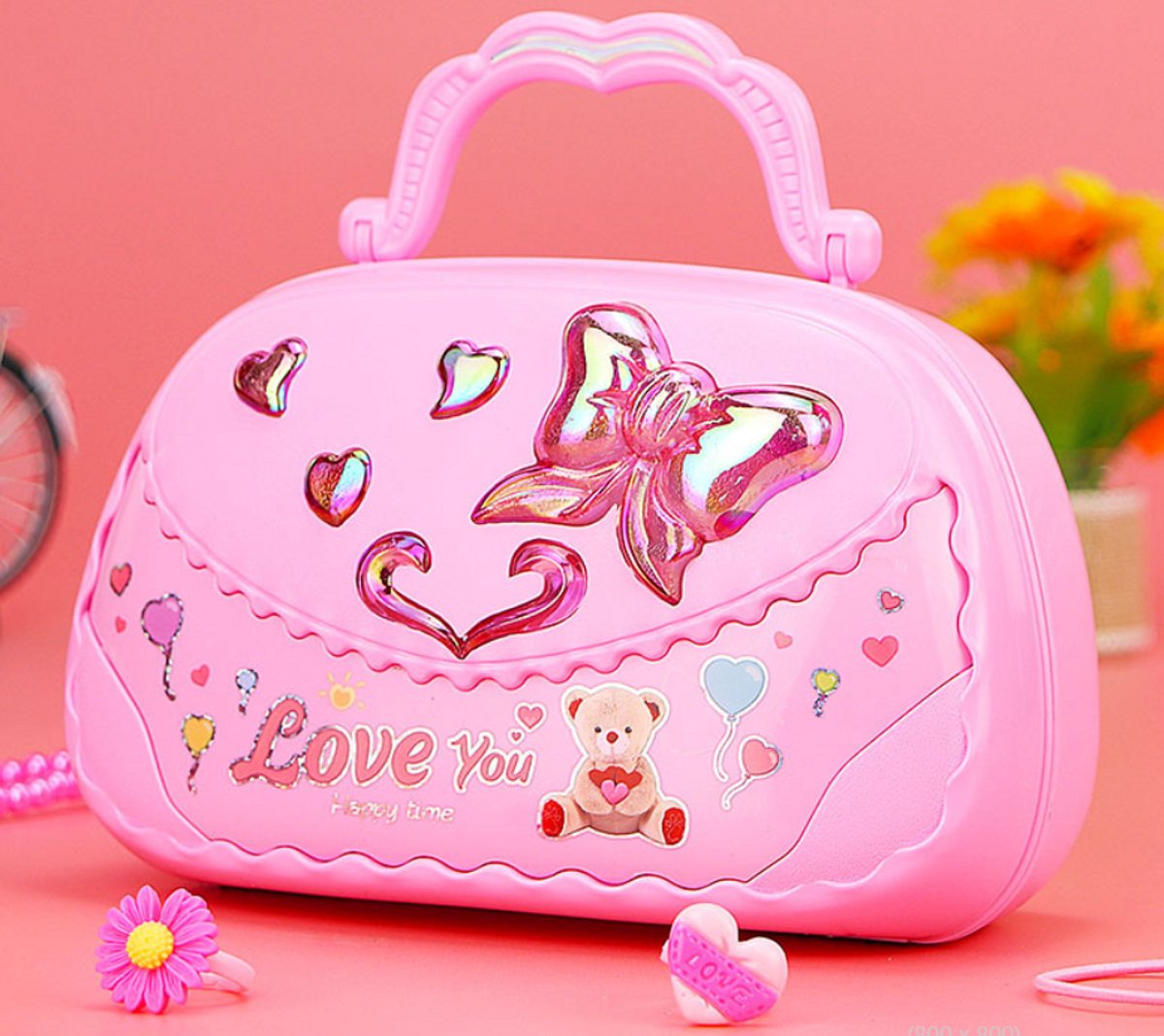 WK Roze Handtas Muziekdoosje – Met Spiegel, Sieradenvak en Kristallen Ballerina – Draagbaar en Stijlvol Cadeau voor Meisjes