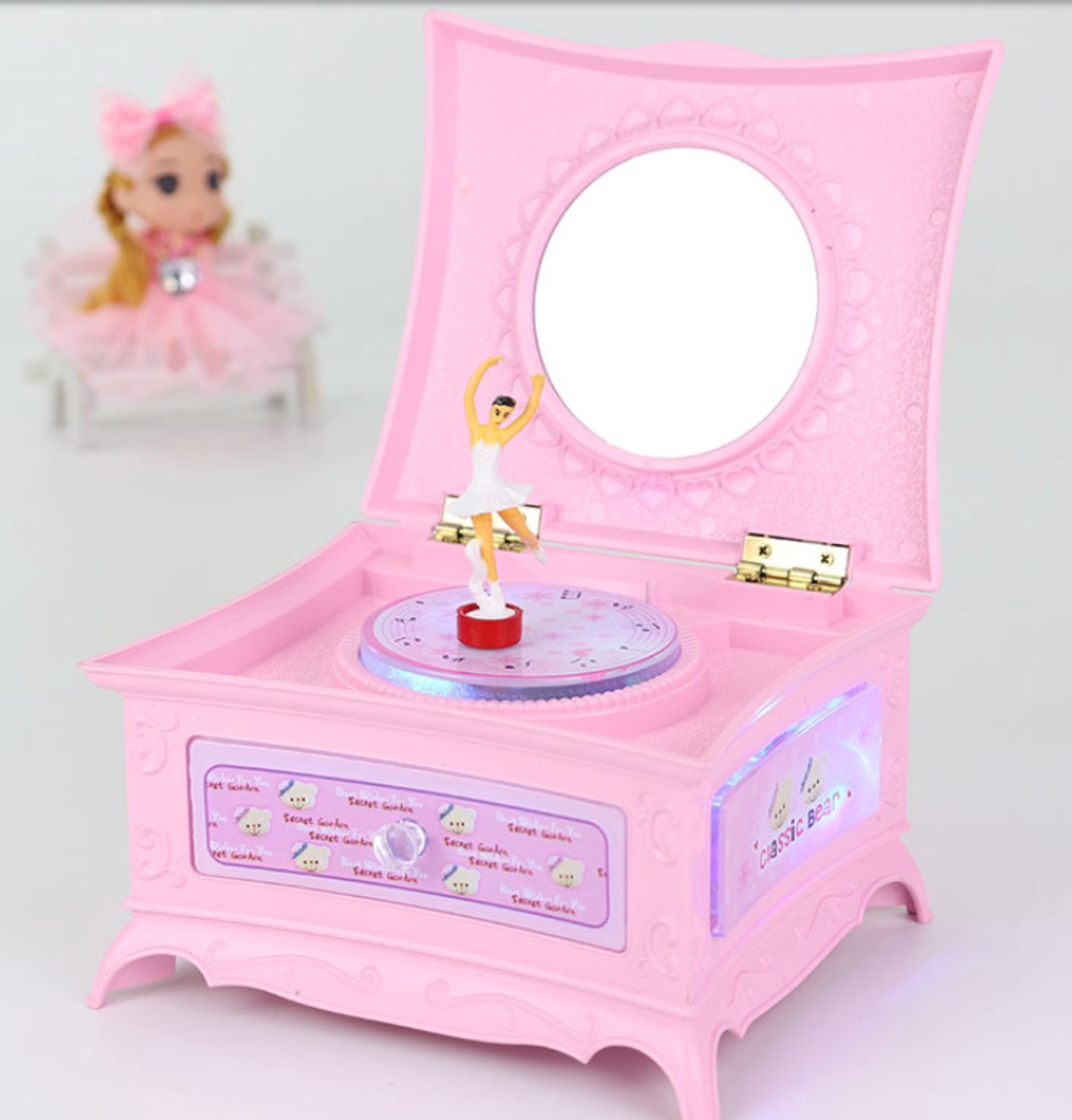 WK Roze Muziekdoos met Spiegel & LED Verlichting – Sieradendoosje voor Meisjes – 15,5 cm – Met Opbergvak & Kleurrijke Lichteffecten