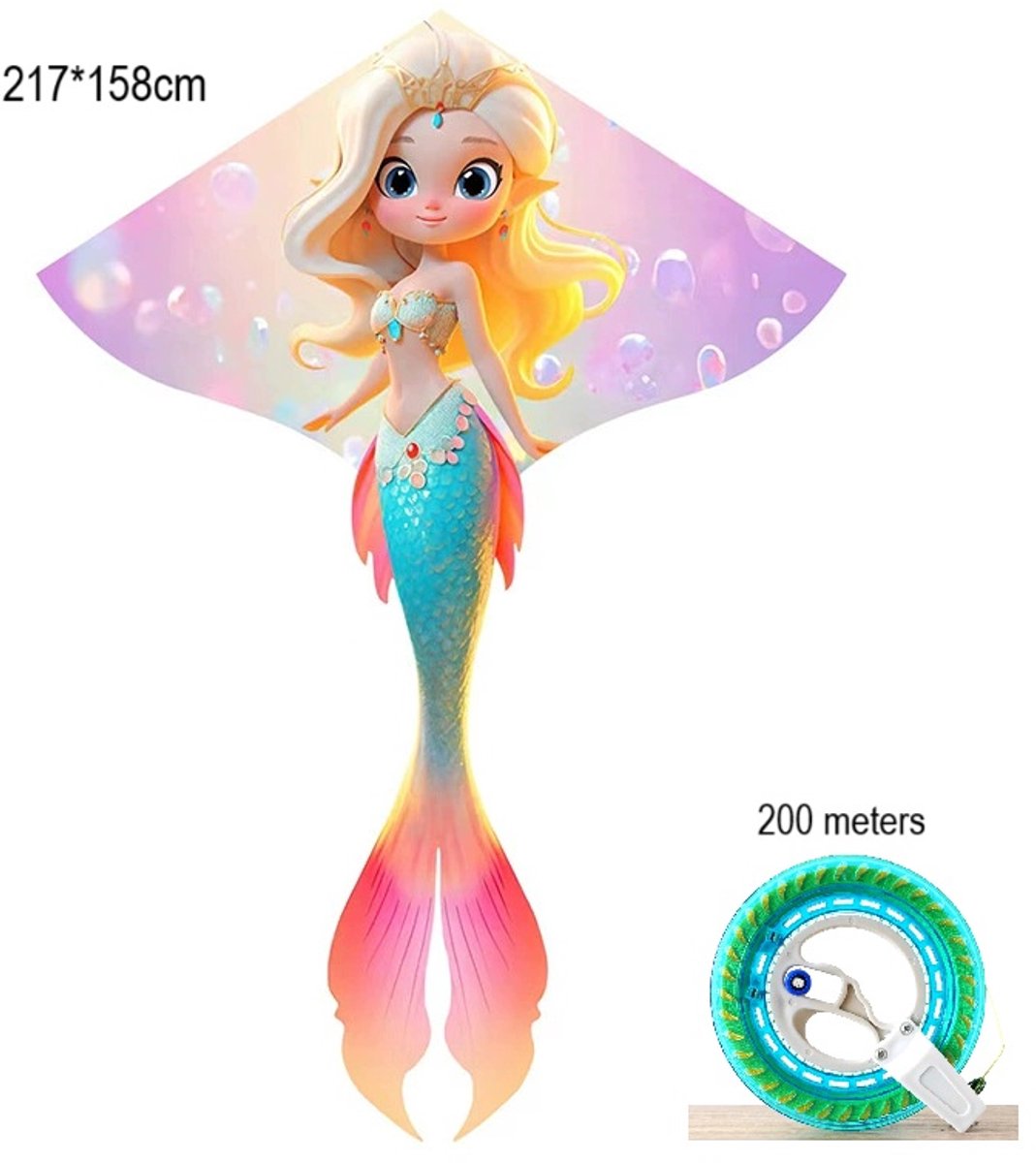 WK Vlieger in Zeemeermin Design – 217×158 cm – Sterk Glasvezel Frame – Heldere Kleuren – Inclusief 200m Vlieglijn & Zelfremmende Katrol