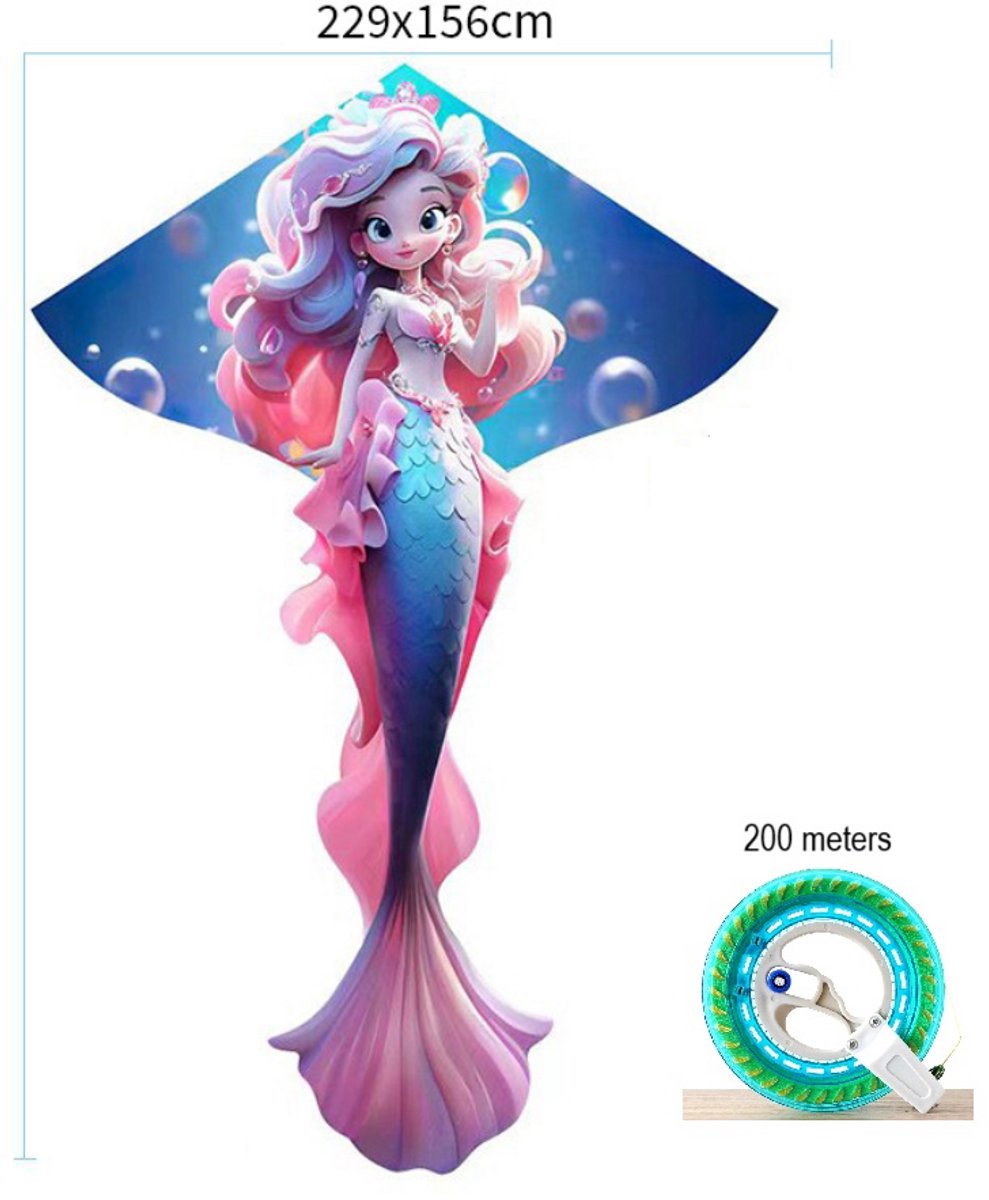 WK Vlieger in Zeemeermin Design – 228x156 cm – Sterk Glasvezel Frame – Heldere Kleuren – Inclusief 200m Vlieglijn & Zelfremmende Katrol