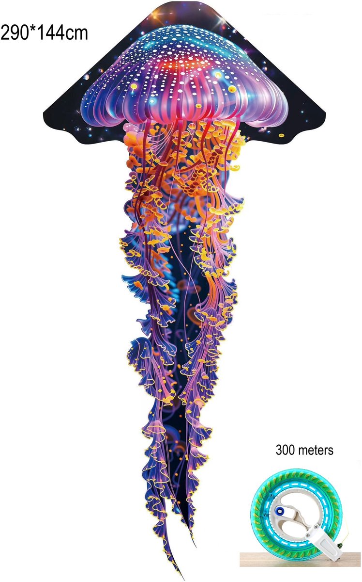 WK XXL Vlieger – Diepzee Kwal Design – 290×144 cm – Stevig Glasvezel Frame – Levendige Kleuren – Inclusief 300m Vlieglijn & Zelfremmende Katrol