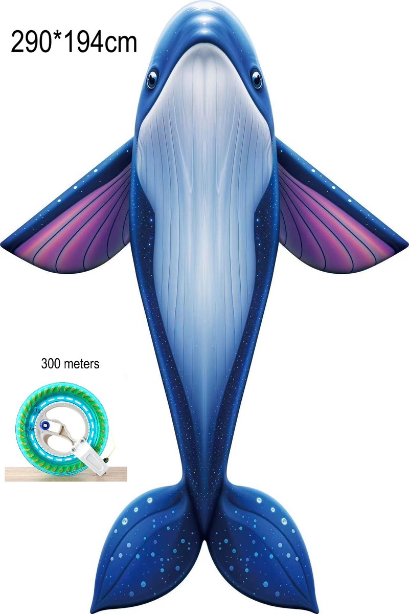 WK XXL Walvis Vlieger – 290×194 cm – Stevig Glasvezel Frame – Kleurrijk Ontwerp – Inclusief 300m Vlieglijn & Zelfremmende Katrol