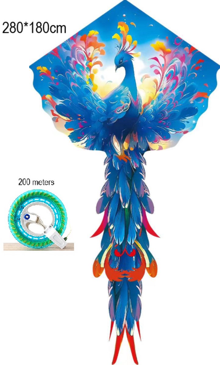WK “Blue Feather Phoenix” Vlieger – 280x180cm XXL – Glasvezel Frame – 200m Lijn met Zelfremmende Katrol – Snelle Montage – Majestueus & Eenvoudig te Besturen