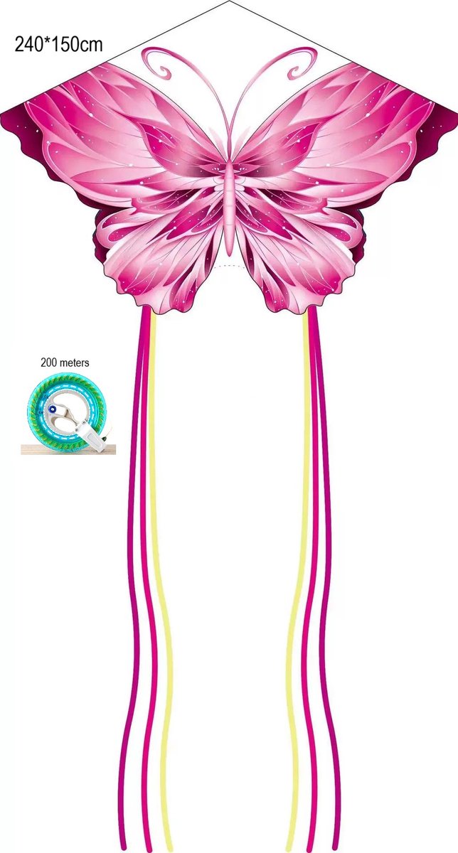 WK “Pink Ice” Vlinder Vlieger – 240x150cm – Glasvezel Frame – 200m Lijn met Zelfremmende Katrol – Snelle Montage – Elegante en Stabiele Vlieger