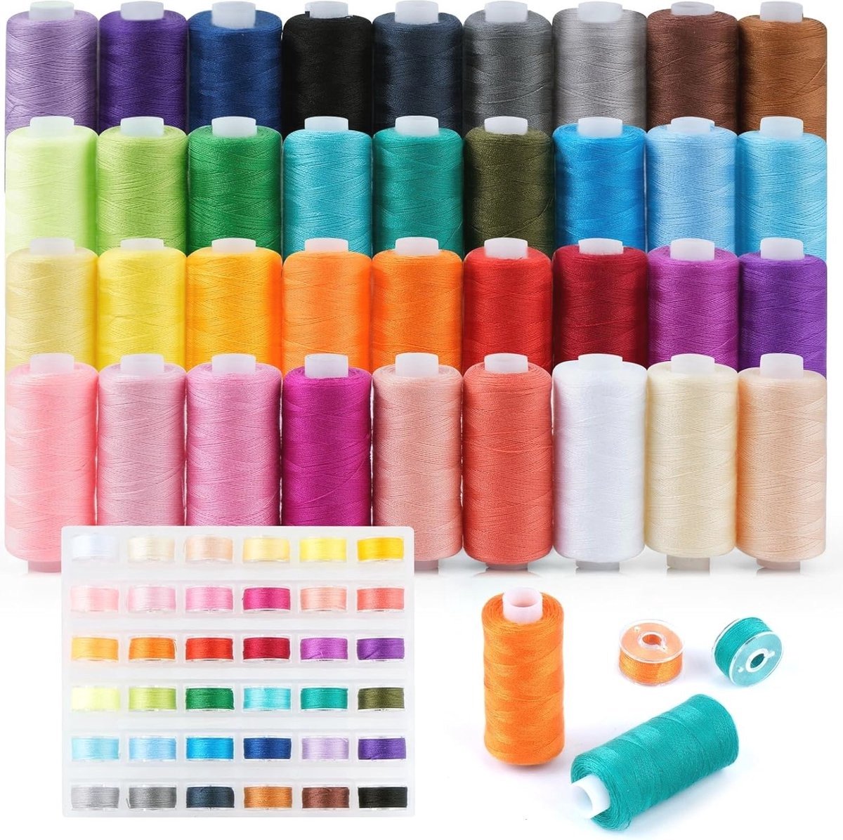 WNHB® Naaigaren Set 36 Kleuren – 1000 Meter per Rol – Inclusief Spoelen – Garen voor Naaimachine Overlock en Handnaaien