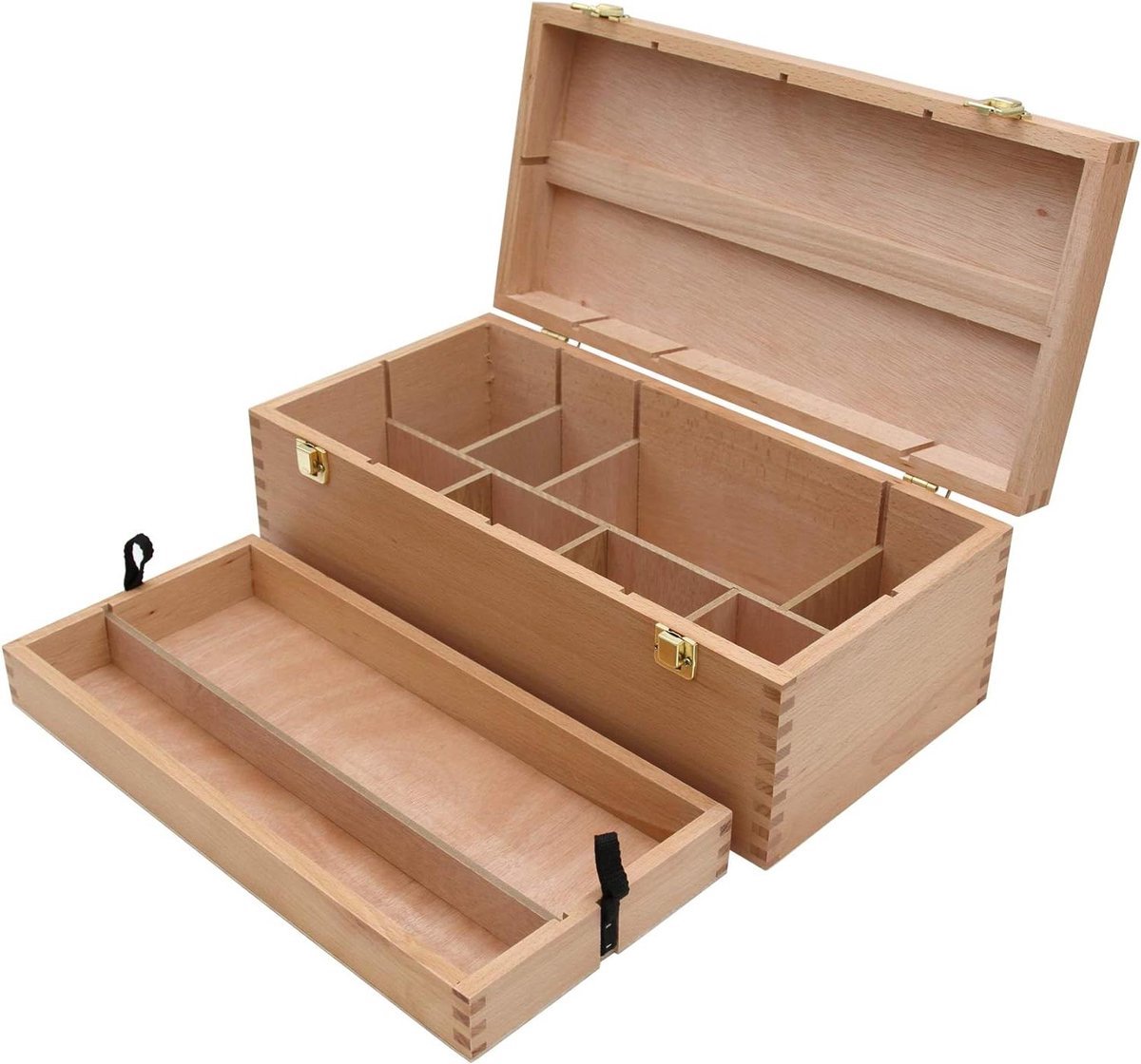WNHB® XL gereedschapskoffer hout – Schilderskist en penseelkist – Opbergbox voor gereedschap verfkwasten en tekenspullen – Organizer met handvat