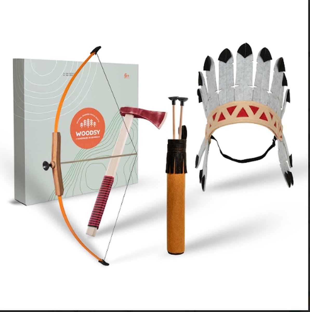 Indianen set pijl en boog met 3 pijlen, pijlkoker, indianentooi en tomahawk bijl