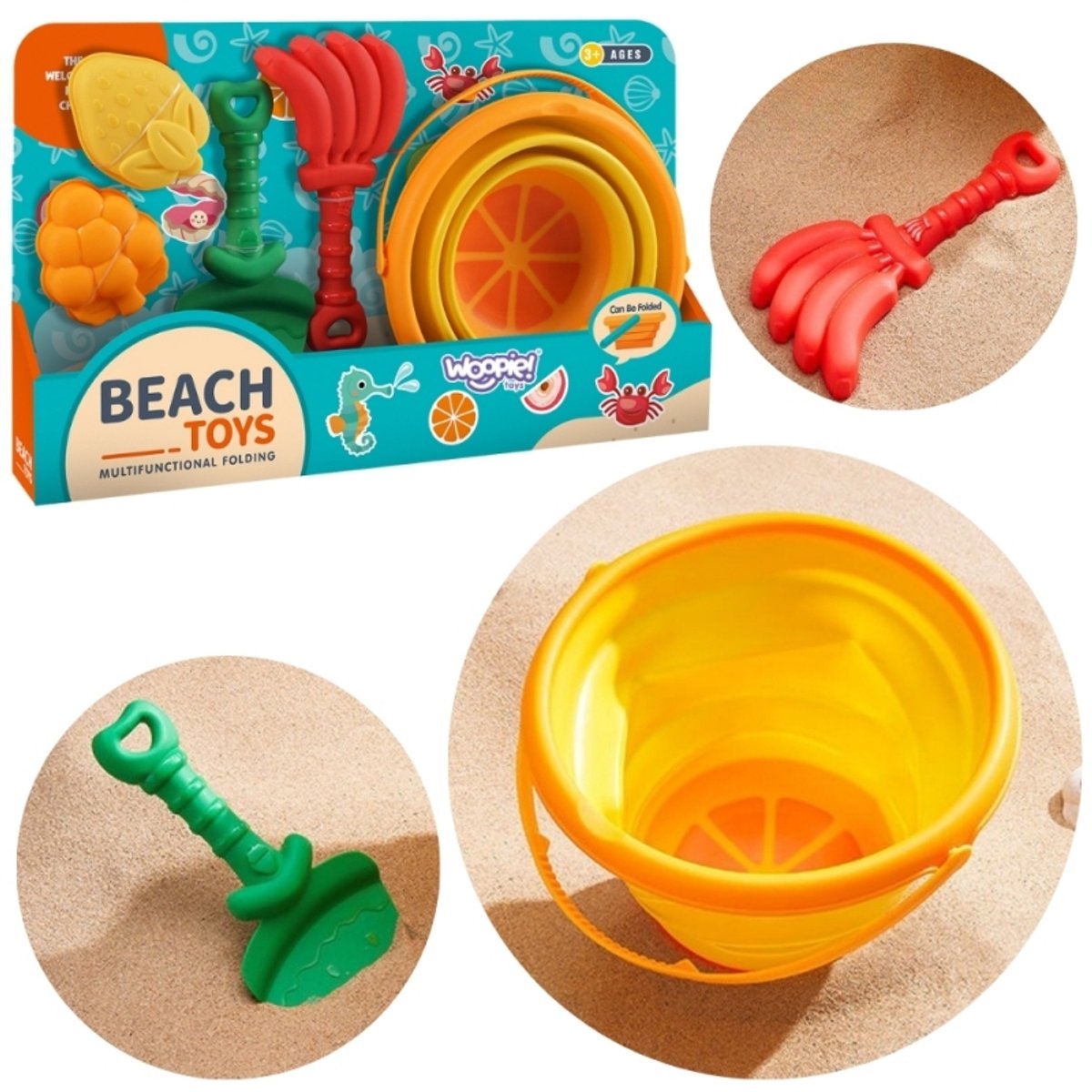 WOOPIE – Zandbak Speelset Tropisch Fruit – Opvouwbare Emmer met Hark, Schep & Vormpjes – Speelgoed voor Kinderen