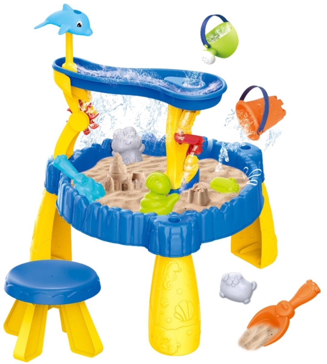 Woopie 2-in-1 Zand- & Watertafel met Dolfijnfontein – Speelset voor Binnen & Buiten (12-delig)