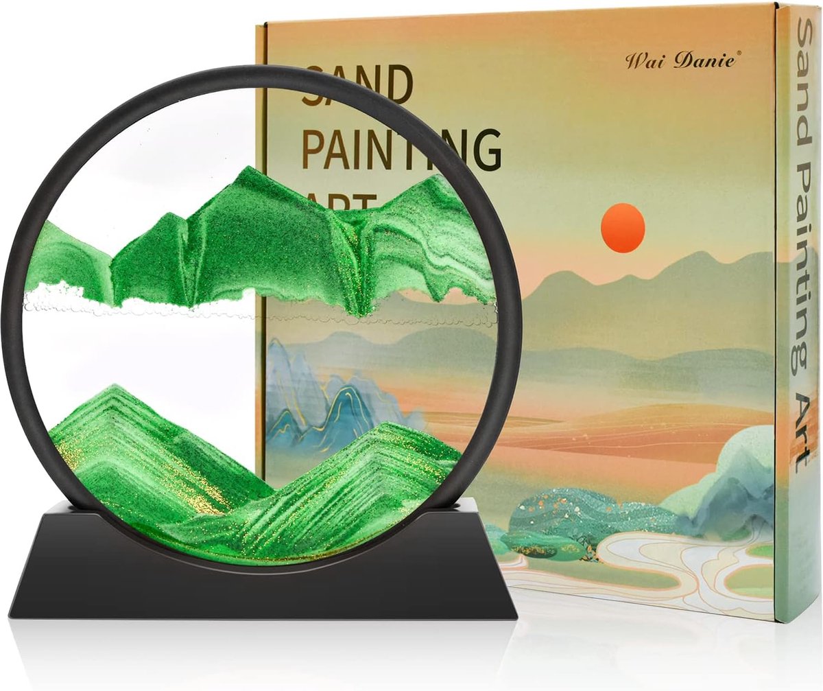 Zandafbeeldingen, zandschilderij, om te draaien, 3D, diepzee, vloeiend, geschenk, zandloper, decoratie, esthetisch, voor kantoor, woonkamer, volwassenen, kinderen, groen, 18 cm