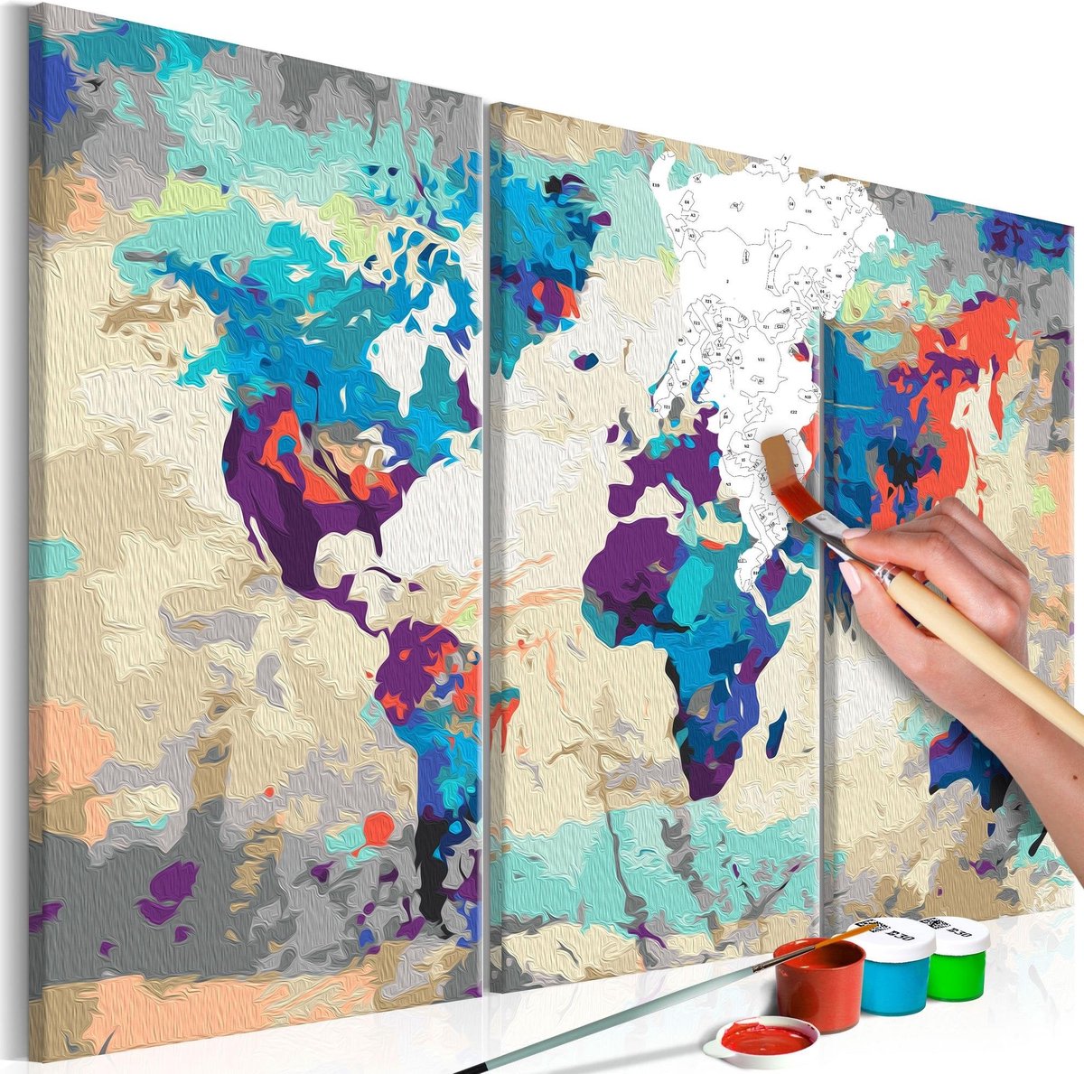 Doe-het-zelf op canvas schilderen - World Map (Blue & Red) 3 Parts