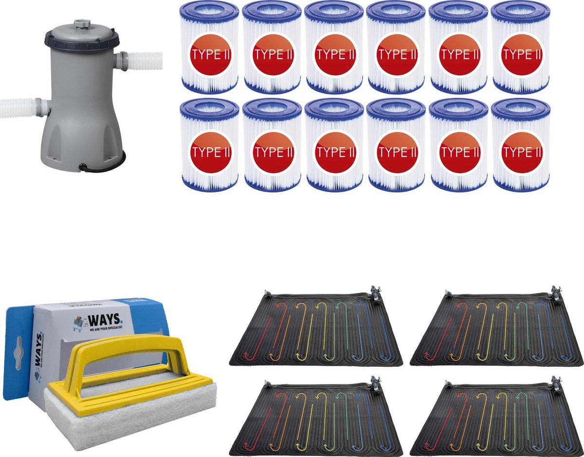 WAYS - Zwembad Onderhoud - 4x Solarmat & Filterpomp 2006 L/h & 12 Filters Type II & WAYS Scrubborstel