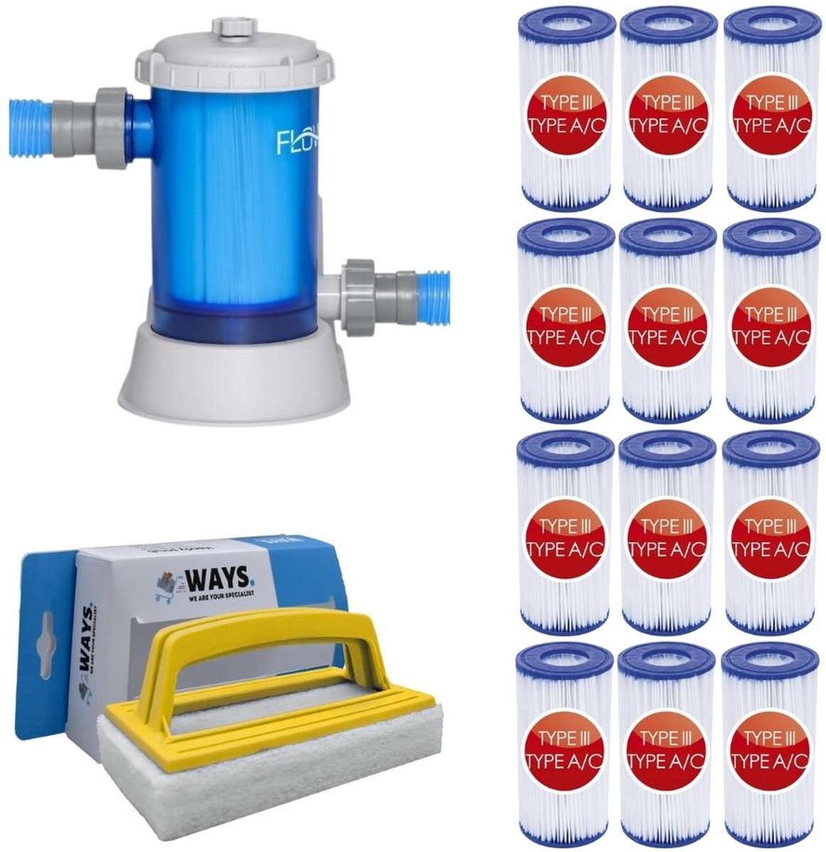WAYS - Zwembad Onderhoud - Filterpomp 5678 L/u & 12 Filters Type III & WAYS Scrubborstel