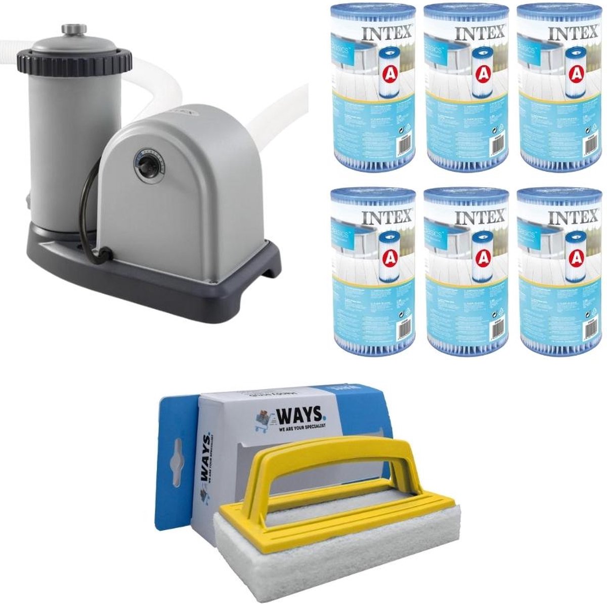 WAYS - Zwembad Onderhoud - Filterpomp 5678 L/u & 6 Filters Type A & WAYS Scrubborstel