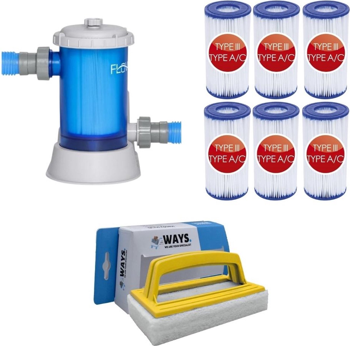 WAYS - Zwembad Onderhoud - Filterpomp 5678 L/u & 6 Filters Type III & WAYS Scrubborstel