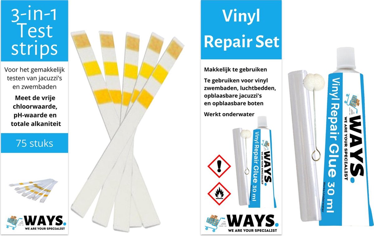 WAYS - Zwembad Onderhoud - Handige Combinatieset - 75 Teststrips en Reparatieset