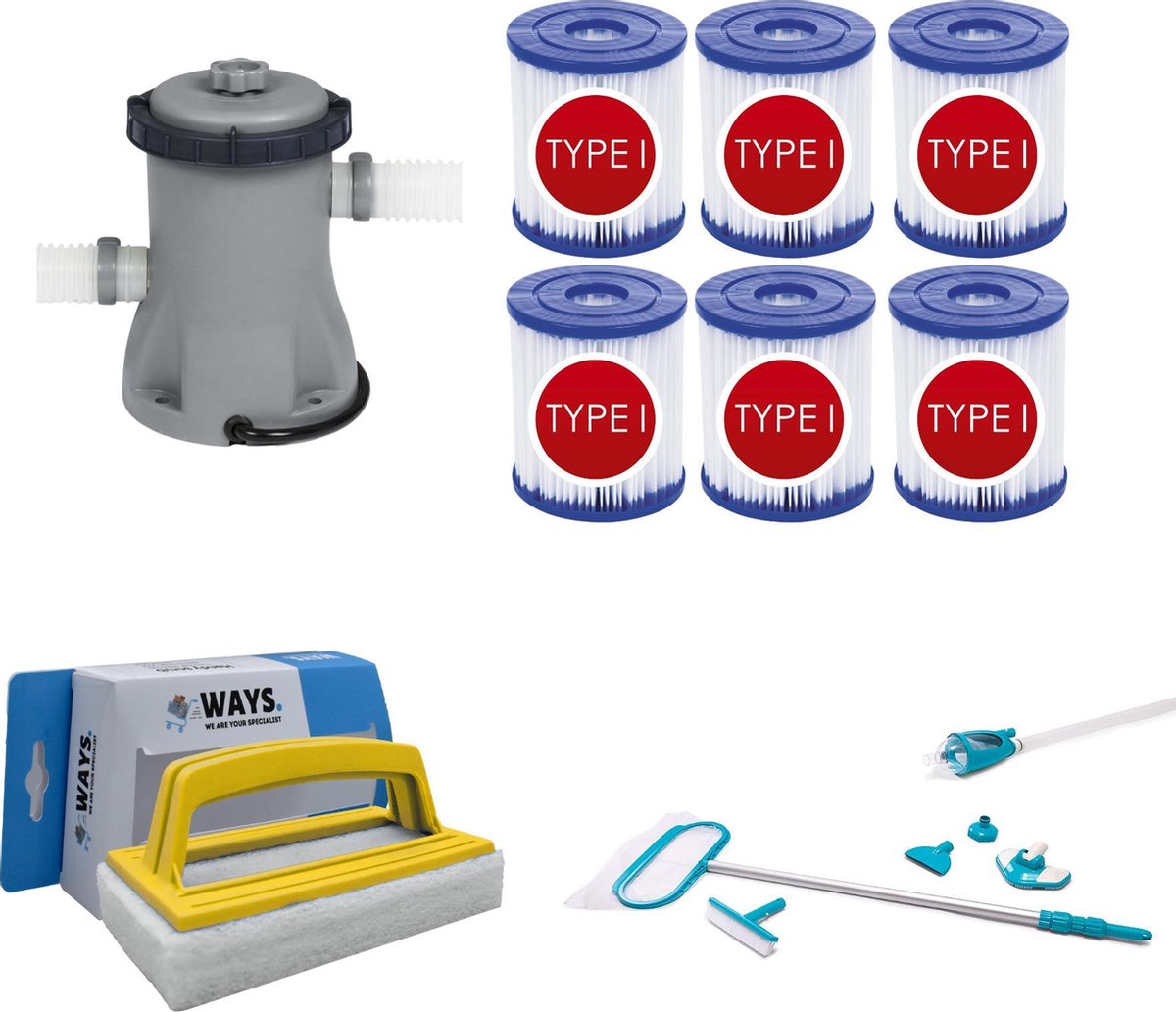 WAYS - Zwembad Onderhoud - Onderhoudsset Deluxe & Filterpomp 1249 L/h & 6 Filters Type I & WAYS Scrubborstel