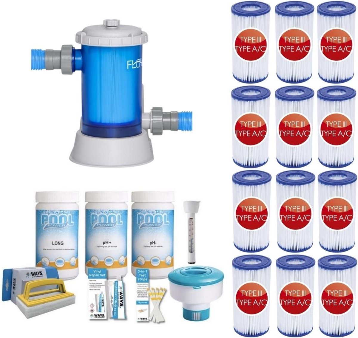 WAYS - Zwembad Onderhoud - Pakket Large & Filterpomp 5678 L/u & 12 Filters Type III
