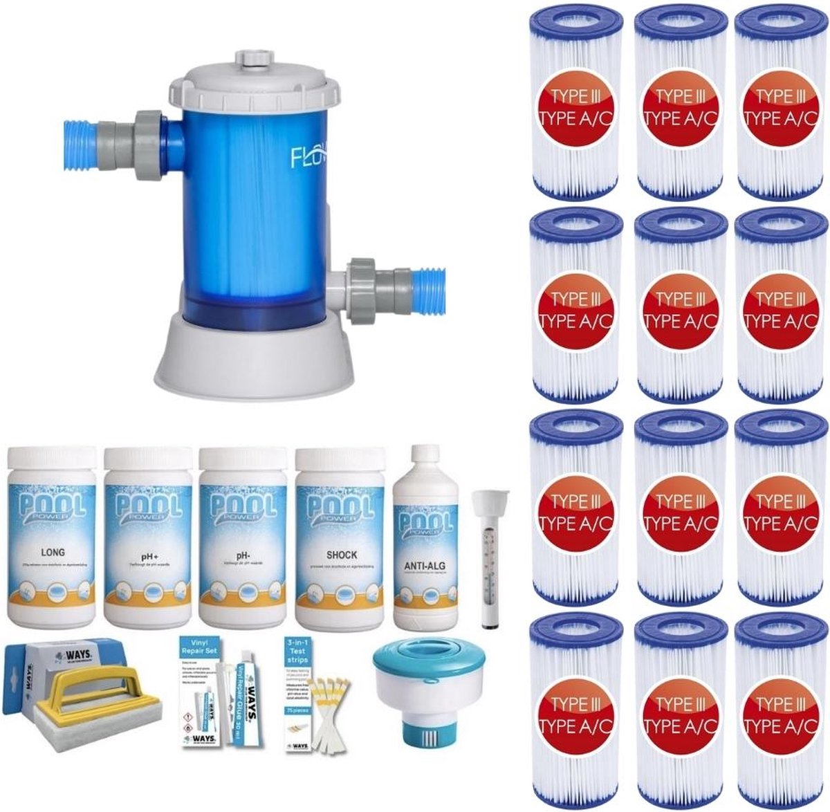 WAYS - Zwembad Onderhoud - Pakket Large Deluxe & Filterpomp 5678 L/u & 12 Filters Type III