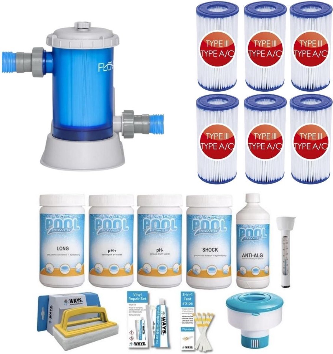 WAYS - Zwembad Onderhoud - Pakket Large Deluxe & Filterpomp 5678 L/u & 6 Filters Type III