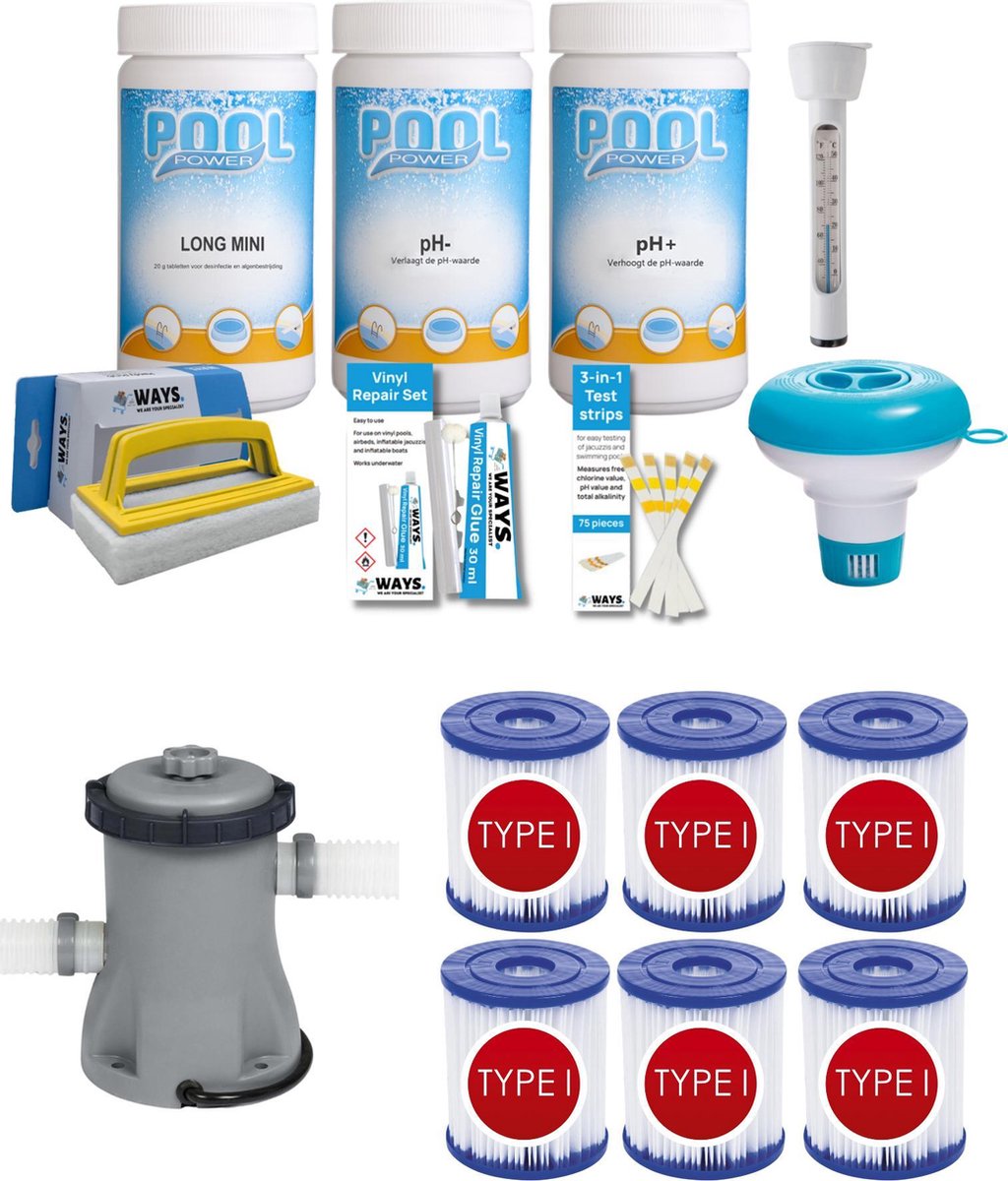 WAYS - Zwembad Onderhoud - Pakket Medium & Filterpomp 1249 L/h & 6 Filters Type I