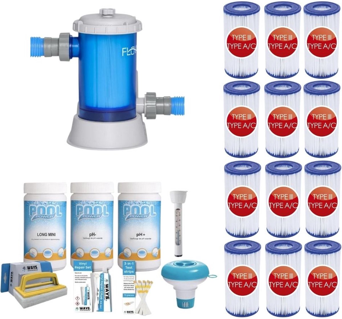 WAYS - Zwembad Onderhoud - Pakket Medium & Filterpomp 5678 L/u & 12 Filters Type III