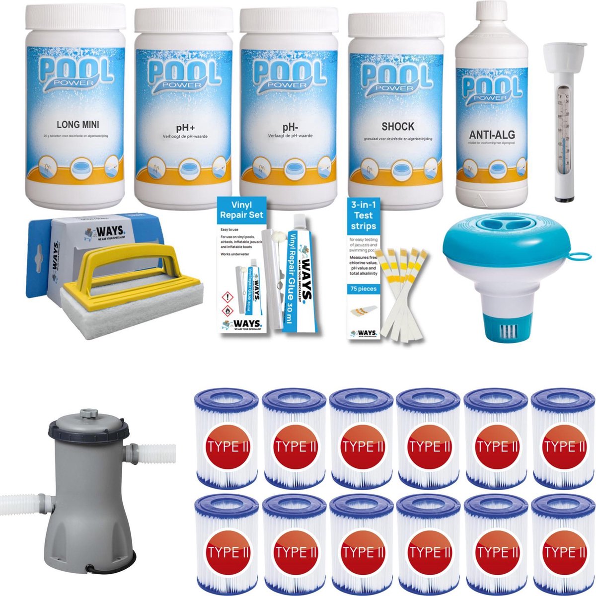 WAYS - Zwembad Onderhoud - Pakket Medium Deluxe & Filterpomp 2006 L/h & 12 Filters Type II