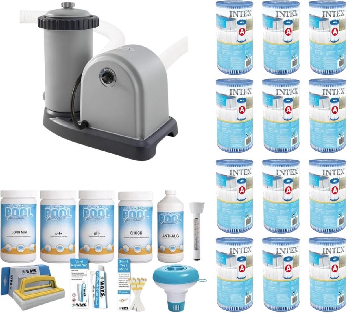 WAYS - Zwembad Onderhoud - Pakket Medium Deluxe & Filterpomp 5678 L/u & 12 Filters Type A