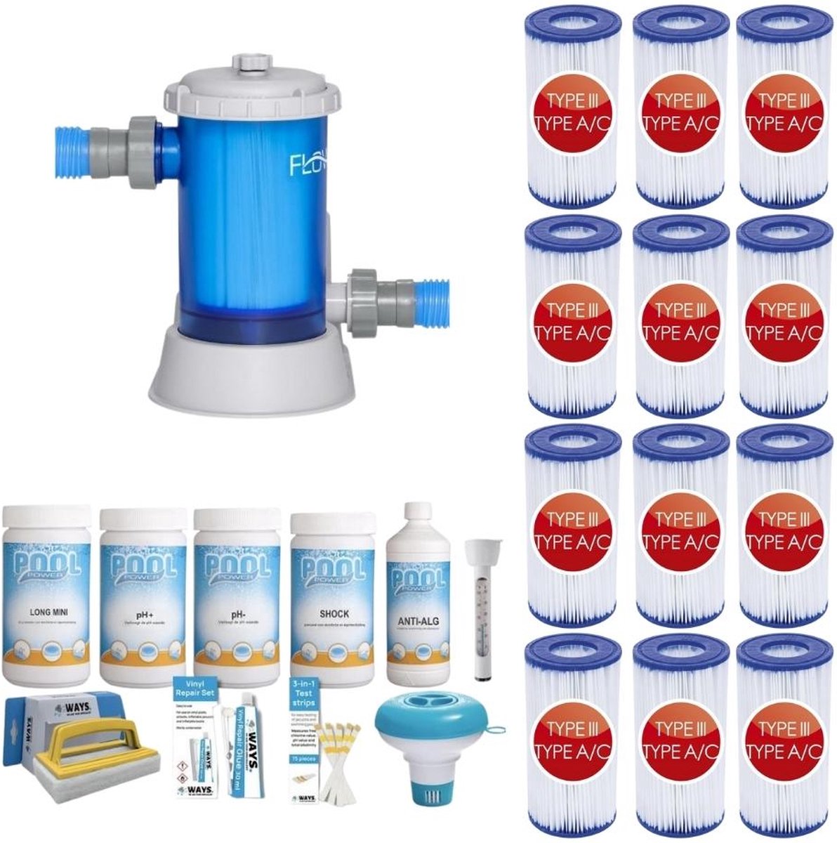 WAYS - Zwembad Onderhoud - Pakket Medium Deluxe & Filterpomp 5678 L/u & 12 Filters Type III