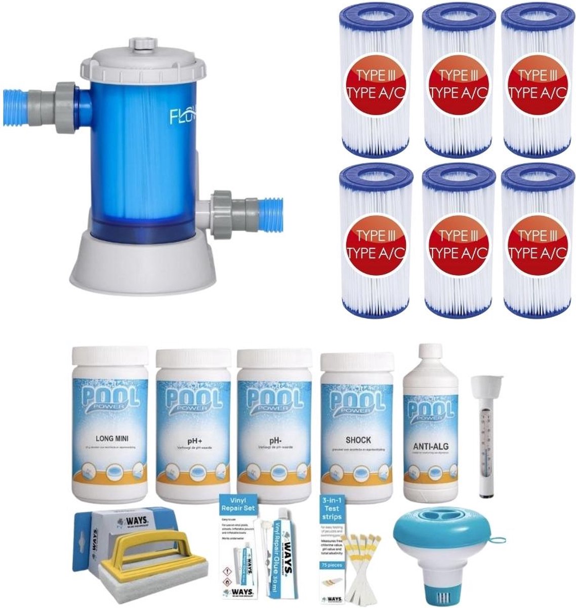 WAYS - Zwembad Onderhoud - Pakket Medium Deluxe & Filterpomp 5678 L/u & 6 Filters Type III