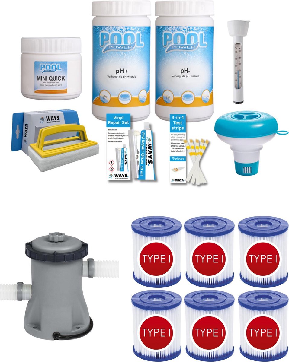WAYS - Zwembad Onderhoud - Pakket Small & Filterpomp 1249 L/h & 6 Filters Type I