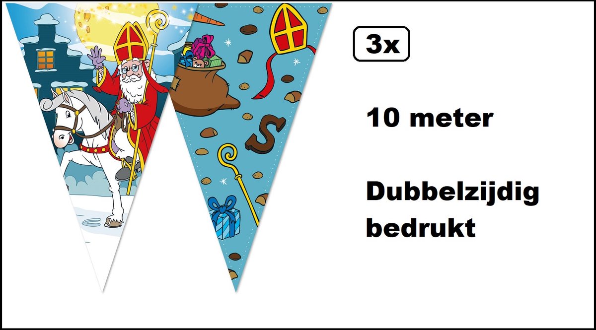 3x Vlaggenlijn Sinterklaas strooigoed 10 meter 2 Zijdig bedrukt - Luxe vlaggenlijn - Sint en Piet Sinterklaas thema feest pakjesavond