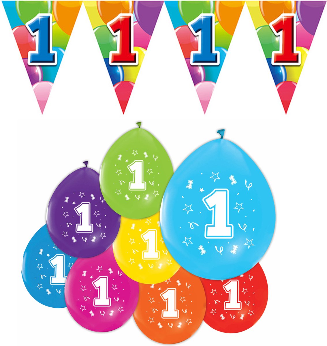 Feestpakket 1 jaar / 8 ballonnen en 1 vlaggenlijn 10 meter - Versiering Slinger Feestdecoratie Decoratie Verjaardag Jubileum Ballon Feest