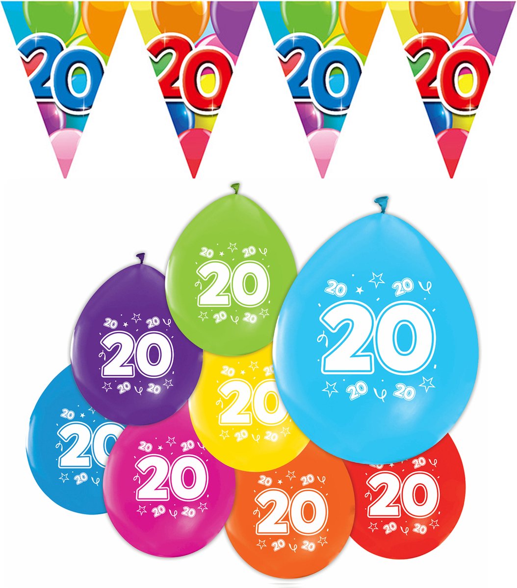 Feestpakket 20 jaar / 8 ballonnen en 1 vlaggenlijn 10 meter - Versiering Slinger Feestdecoratie Decoratie Verjaardag Jubileum Ballon Feest