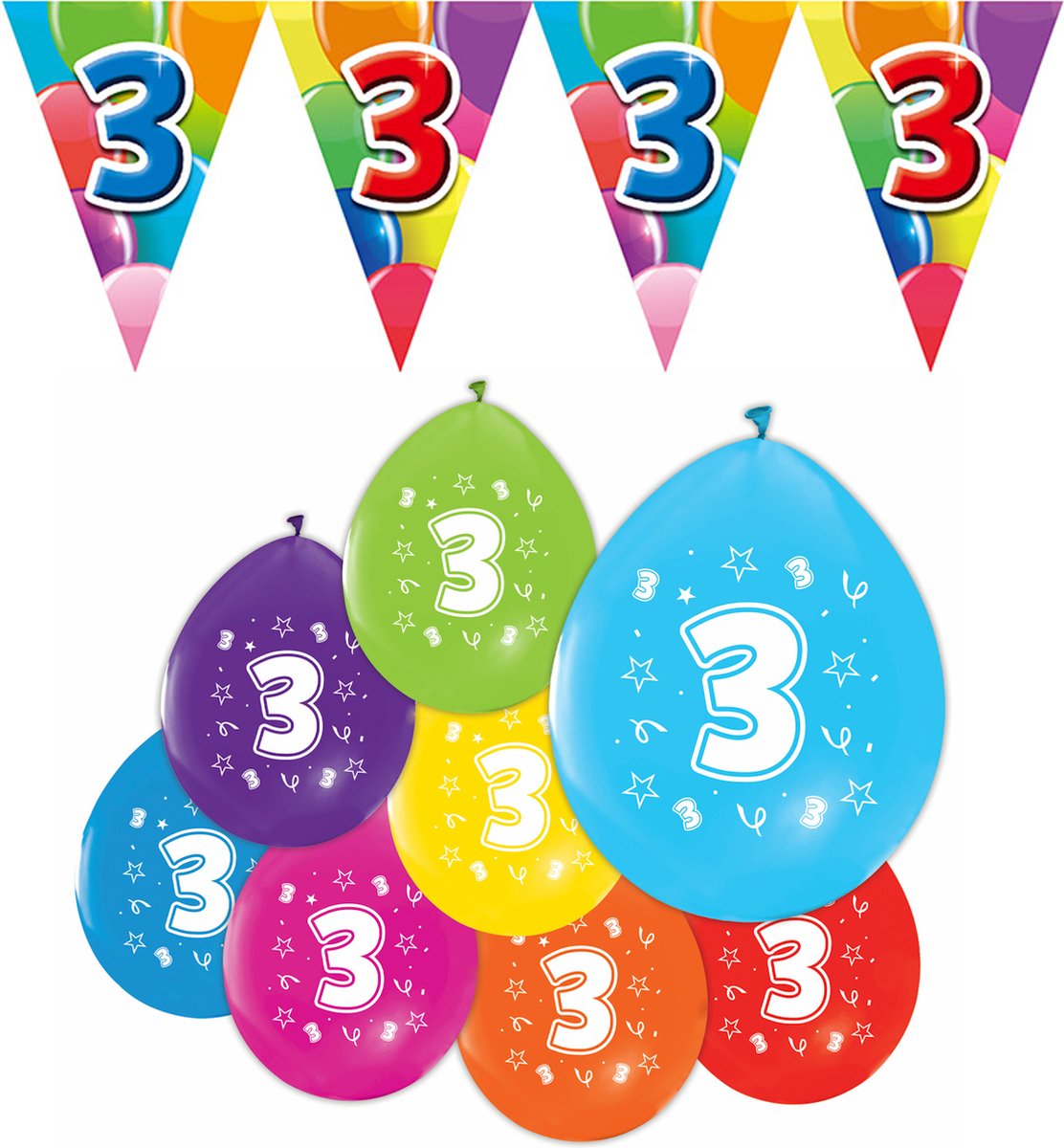 Feestpakket 3 jaar / 8 ballonnen en 1 vlaggenlijn 10 meter - Versiering Slinger Feestdecoratie Decoratie Verjaardag Jubileum Ballon Feest