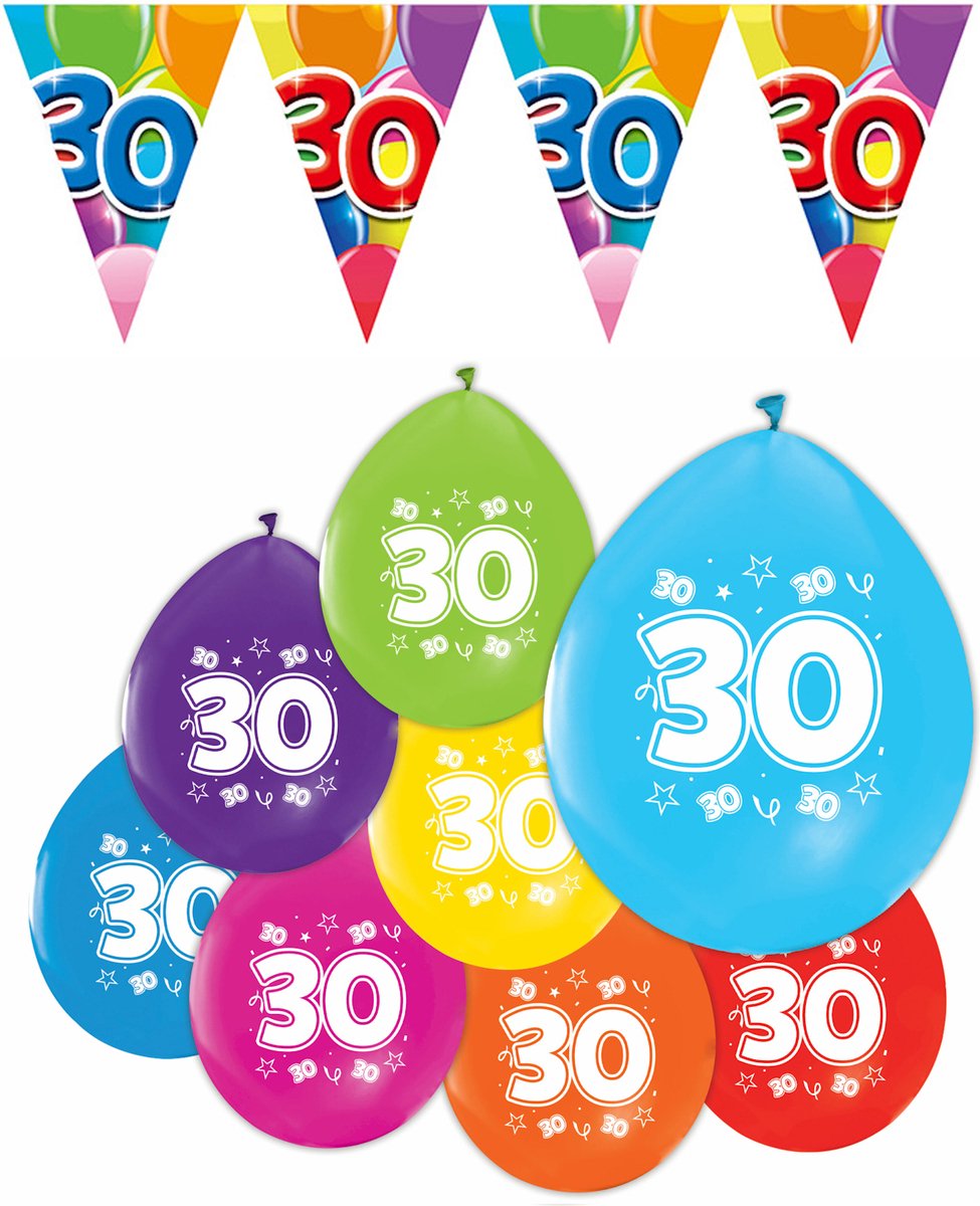Feestpakket 30 jaar / 8 ballonnen en 1 vlaggenlijn 10 meter - Versiering Slinger Feestdecoratie Decoratie Verjaardag Jubileum Ballon Feest