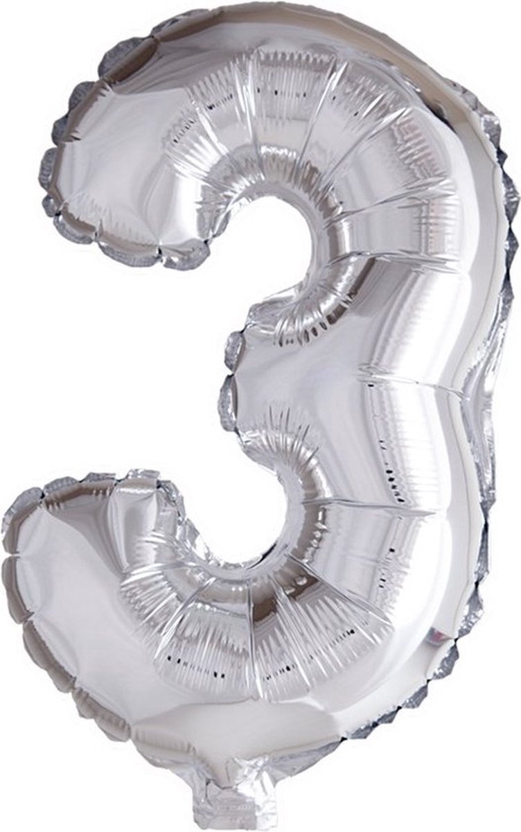 Cijfer ballon nummer 3 zilver folie 40cm geschikt voor Helium