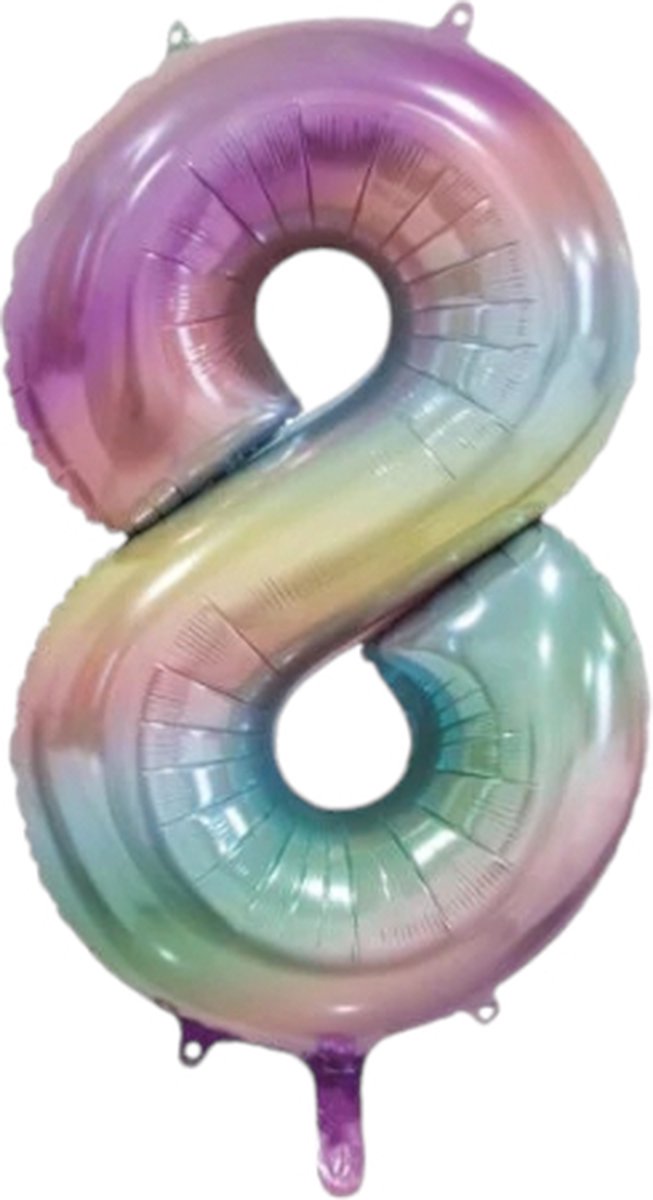 Folieballon cijfer 8 regenboog pastel, 86cm