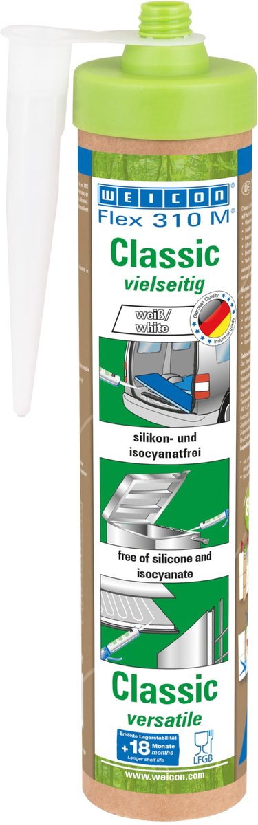 WEICON Groene Buis Flex 310 M Classic, elastische MS-Polymeerkit, sterk hechtend, oplosmiddelvrij, duurzame cartridge, wit