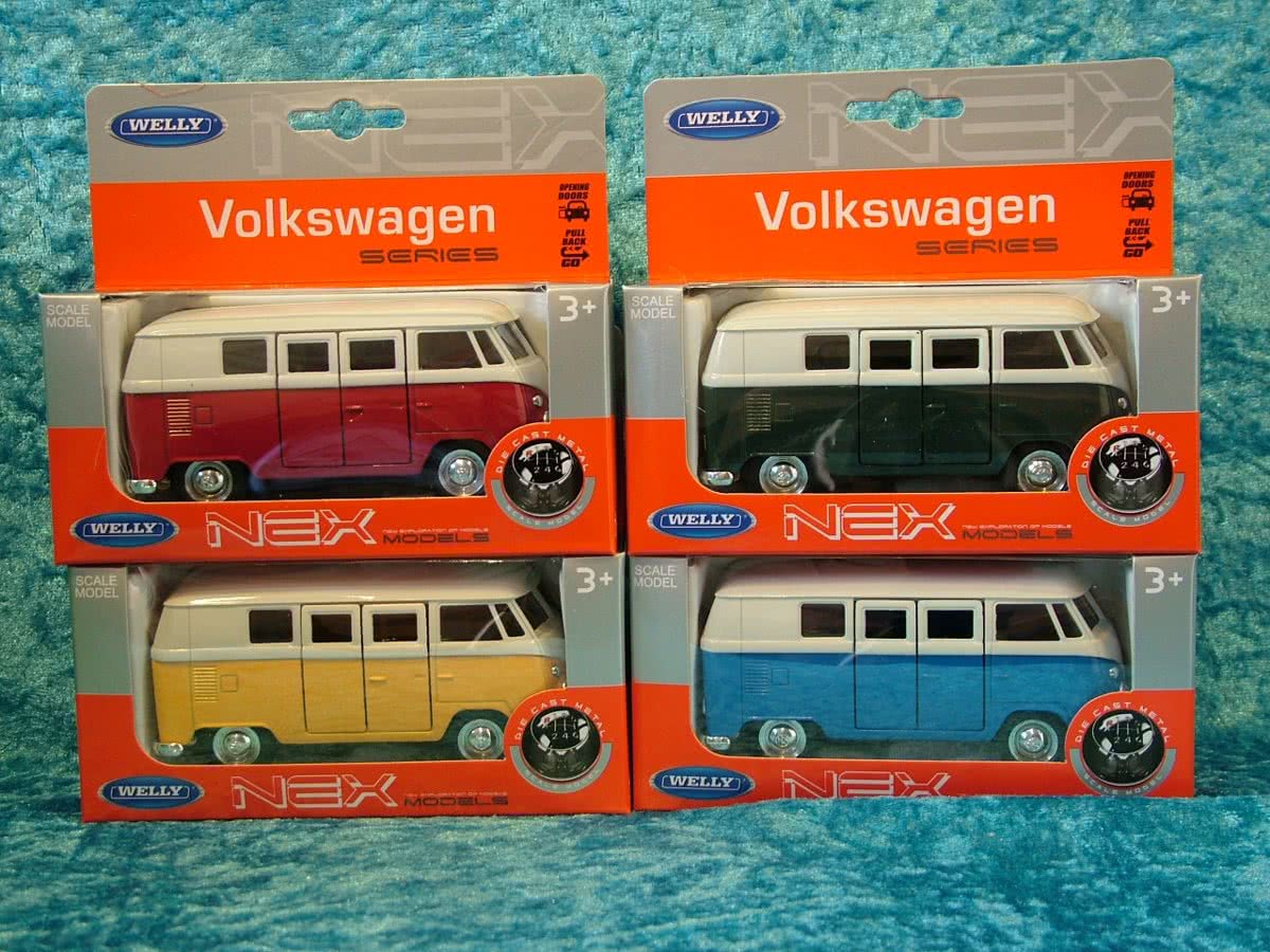 4 x VW Volkswagen T1 bus 1963 in 4 kleuren in doos - Welly 1:34
