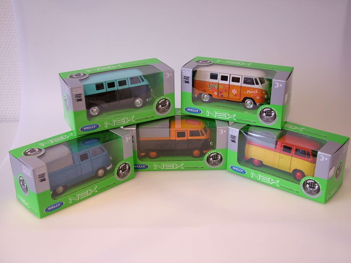 5 x VW Volkswagen T1 bussen - nieuwe modellen - Welly 1:34