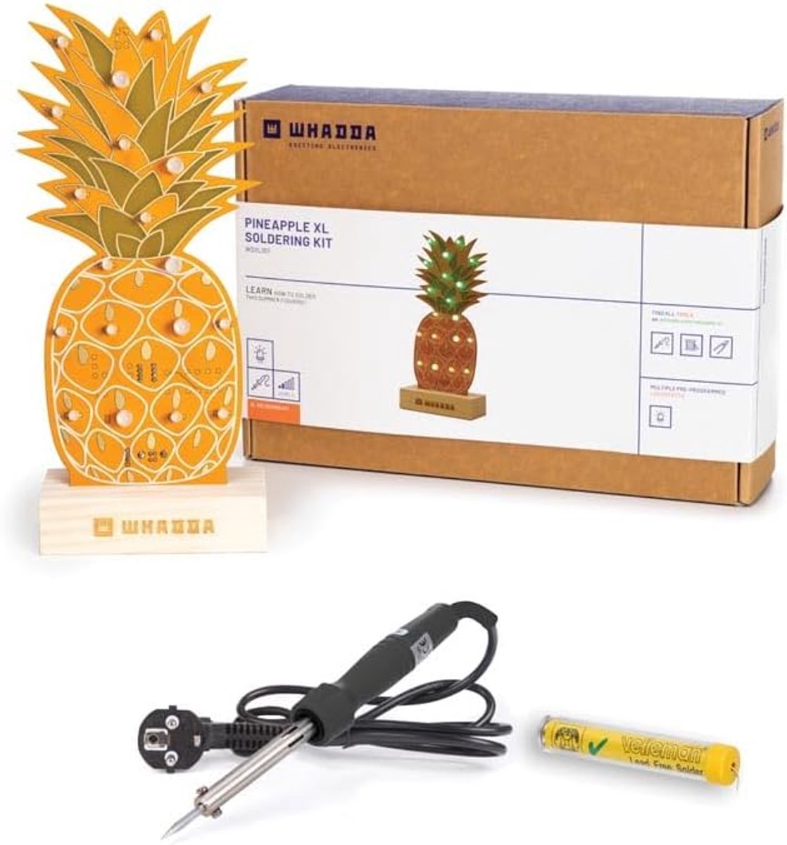 Whadda Soldeerkit, XL-ananas met 19 RGB-leds en houten houder, promotieset met gratis soldeerbout en soldeertin, oranje XL-printplaat, educatief en creatief STEM-bouwpakket