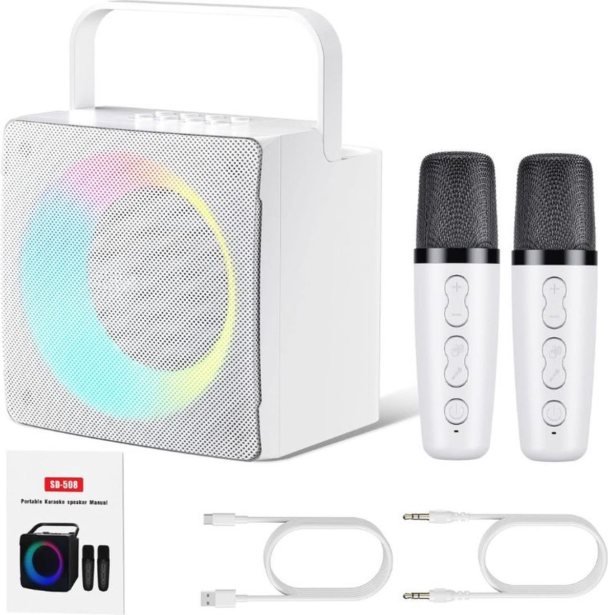 Karaoke set voor Volwassenen en Kinderen met 2 Microfoons - Karaokesets Draadloos met Bluetooth Speaker - Zang - Wit met Zwart