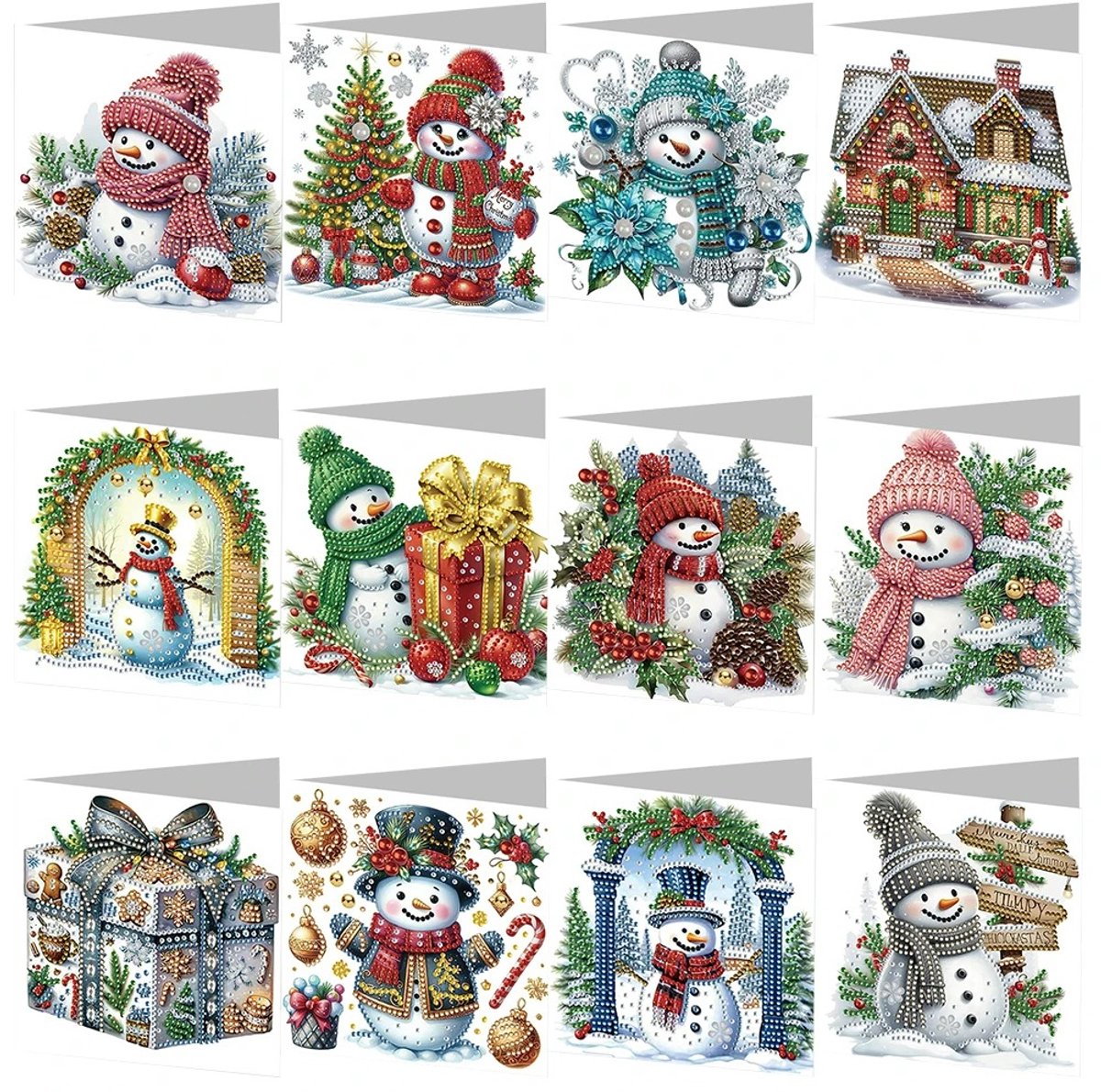 12-delige DIY Diamond Painting Kerstkaarten – Wenskaarten met Enveloppen – Sneeuwpop Design Kerst – Diamant Knutselpakket – Complete Set – Creatief Kerstcadeau – 12 Stuks