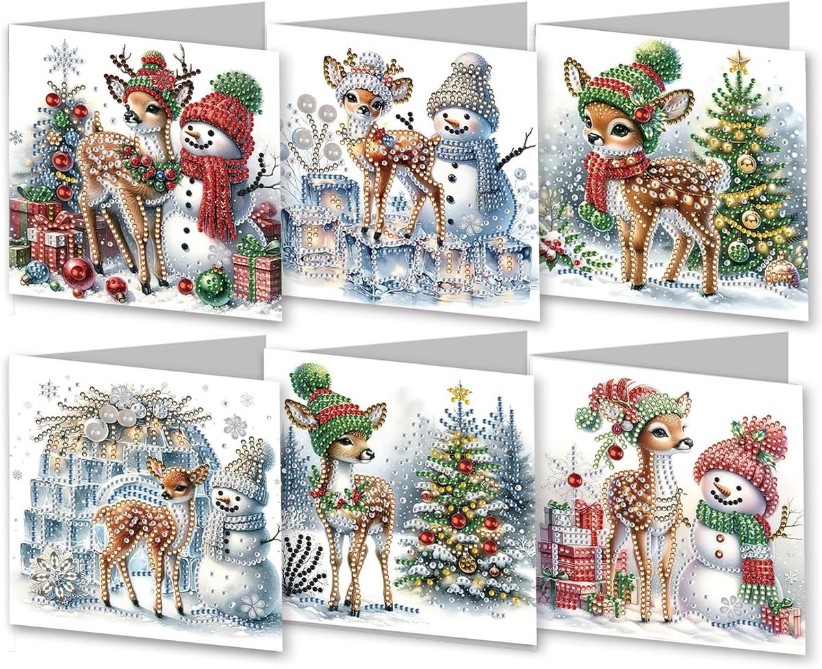 6-delige DIY Diamond Painting Kerstkaarten – Wenskaarten met Enveloppen – Hertje en Sneeuwpop Design Kerst – Diamant Knutselpakket – Complete Set – Creatief Kerstcadeau – 6 Stuks