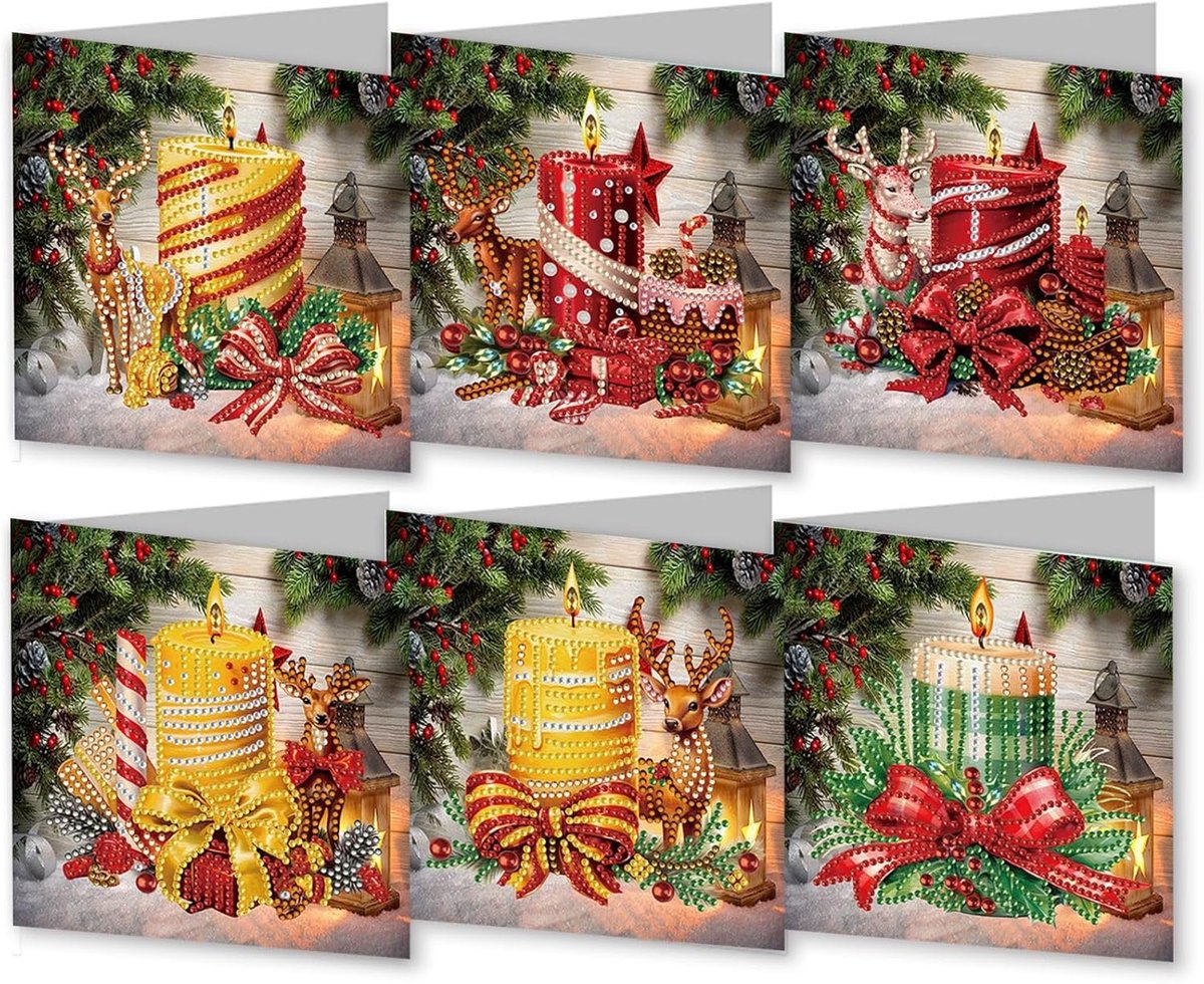 6-delige DIY Diamond Painting Kerstkaarten – Wenskaarten met Enveloppen – Kaars Design Kerst – Diamant Knutselpakket – Complete Set – Creatief Kerstcadeau – 6 Stuks