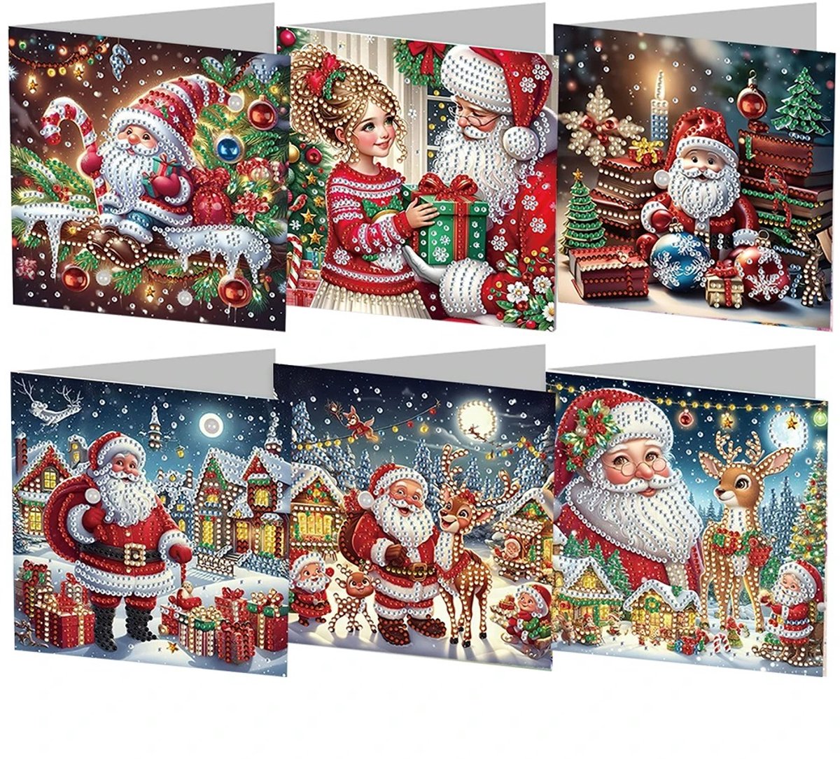 6-delige DIY Diamond Painting Kerstkaarten – Wenskaarten met Enveloppen – Kerstman Design Kerst – Diamant Knutselpakket – Complete Set – Creatief Kerstcadeau – 6 Stuks
