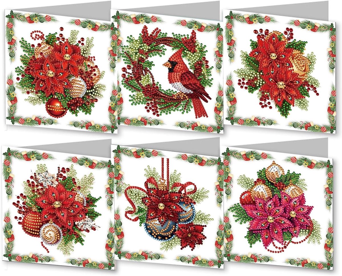6-delige DIY Diamond Painting Kerstkaarten – Wenskaarten met Enveloppen – Kerstster en Krans Design Kerst – Diamant Knutselpakket – Complete Set – Creatief Kerstcadeau – 6 Stuks