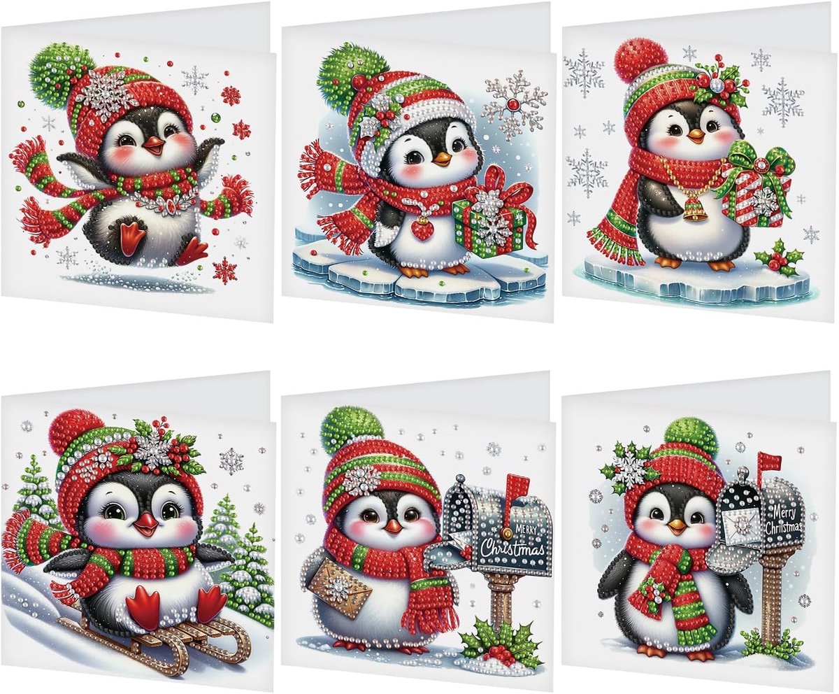 6-delige DIY Diamond Painting Kerstkaarten – Wenskaarten met Enveloppen – Pinguin Design Kerst – Diamant Knutselpakket – Complete Set – Creatief Kerstcadeau – 6 Stuks