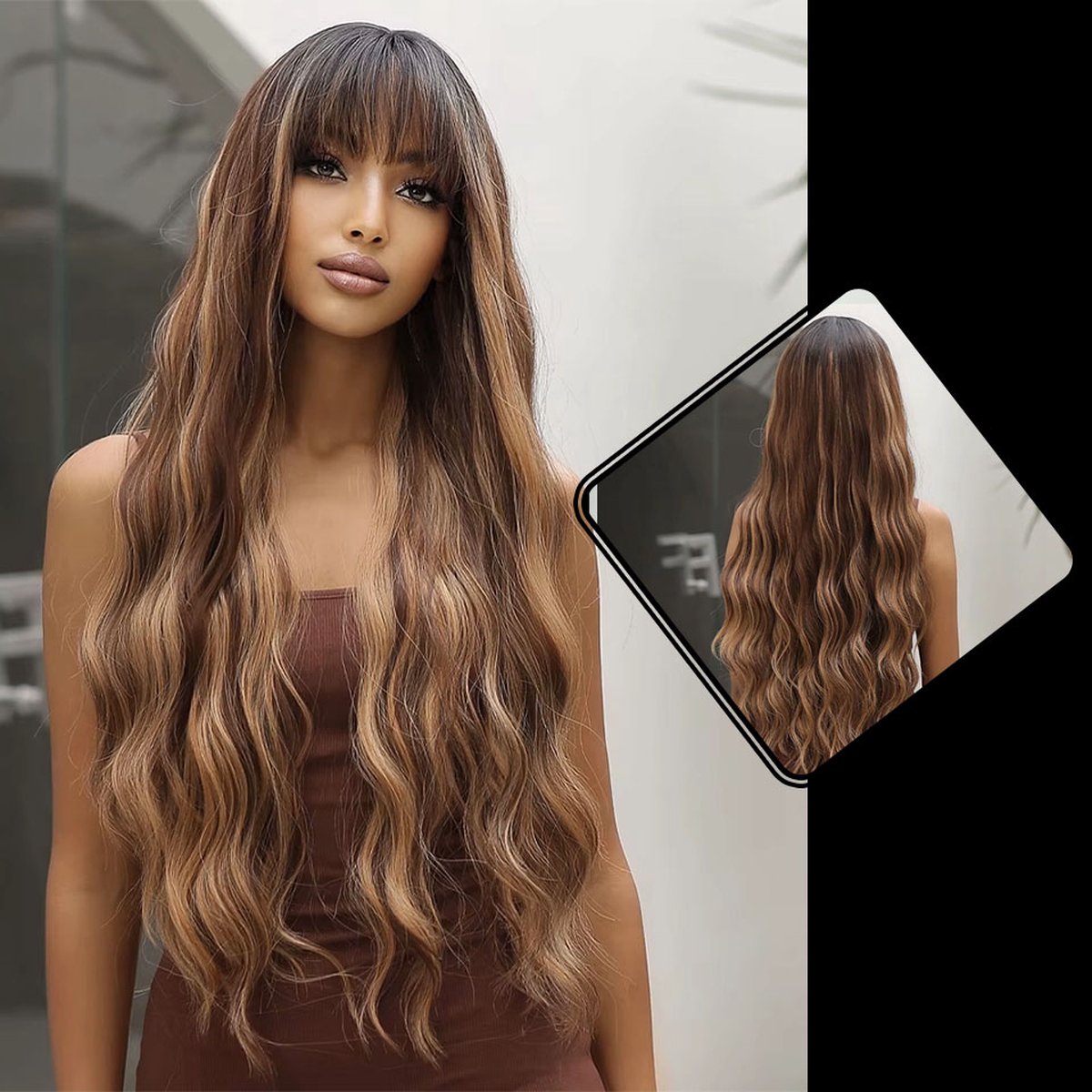 Bruine Pruik - Pruiken Dames Lang Haar - Wig - incl. Haarnetje en wasbaar - 70 cm